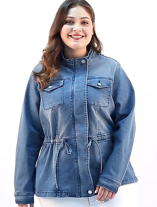Agnes Orinda Women's Plus Size Denim Jacket Stretch Stand Collar